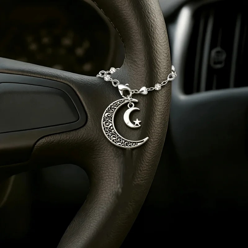 1Pc Vintage Hollow Double Layer Moon Star Car Hanging Ornament, Engraved Crescent Pendant, Atmospheric Auto Interior Decor Gift