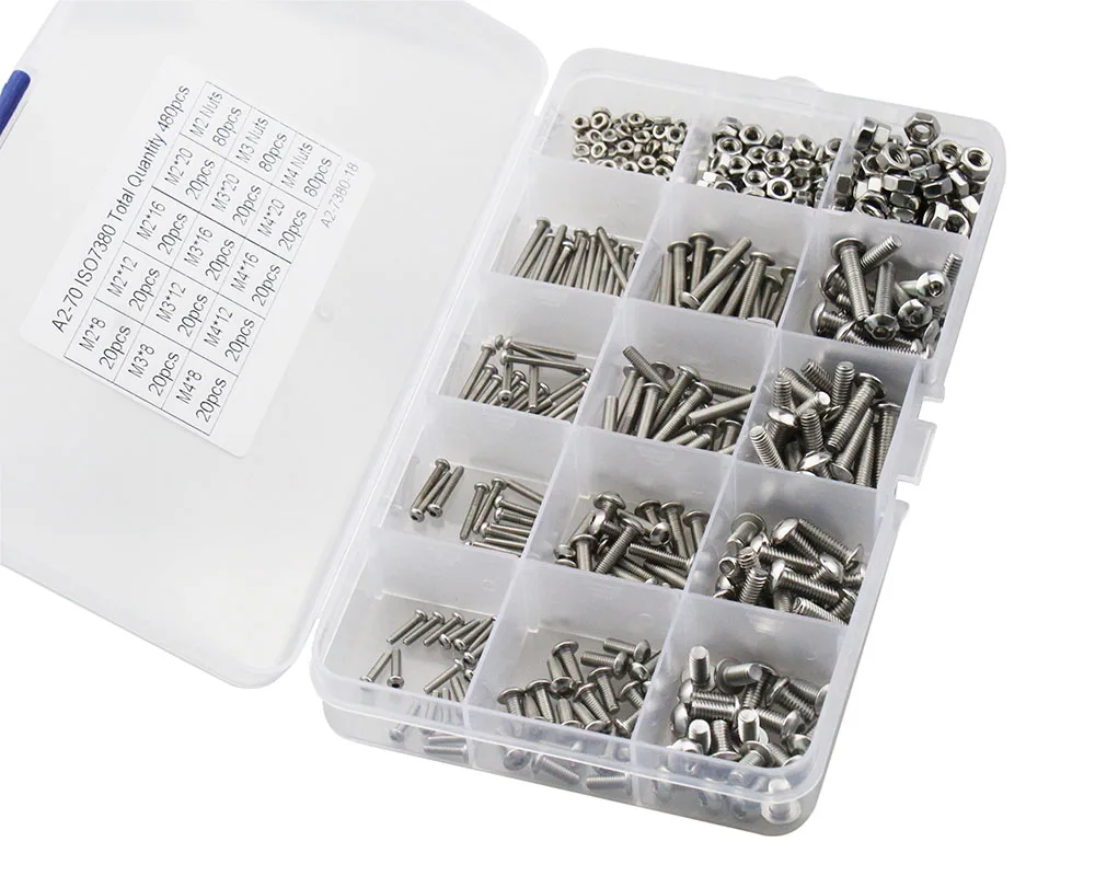 480 teile/satz M2 M3 M4 Halbrundkopf Innensechskantschraube Bolzen Mutter Edelstahl SS304 Schrauben Muttern Sortiment Kit Befestigungsmaterial Hardware