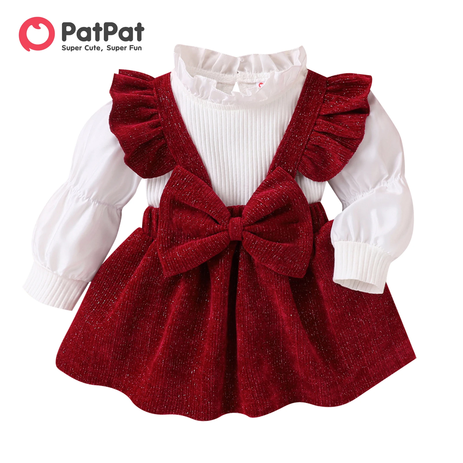 PatPat 2PCS Baby Girl  Sweet Solid Color Ruffle Edge Long Sleeve Dress Set