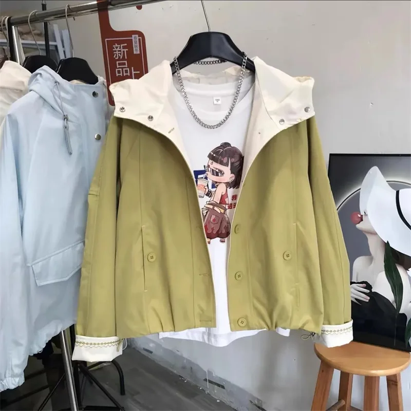 

Spring Autumn Women Splicing Short Outwear Female Fashion Hooded Color Blocking Jacket Korean Lady Long Sleeves Loose Tops Coat