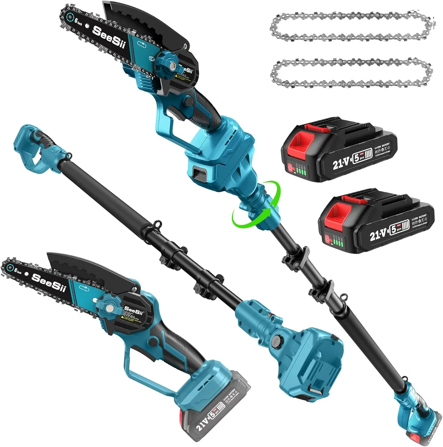 2-IN-1 Cordless Pole Saw & Mini Chainsaw, 6-Inch Brushless Chain Saw with 2x 2.0Ah Battery, 16-Foot MAX Reach Brach