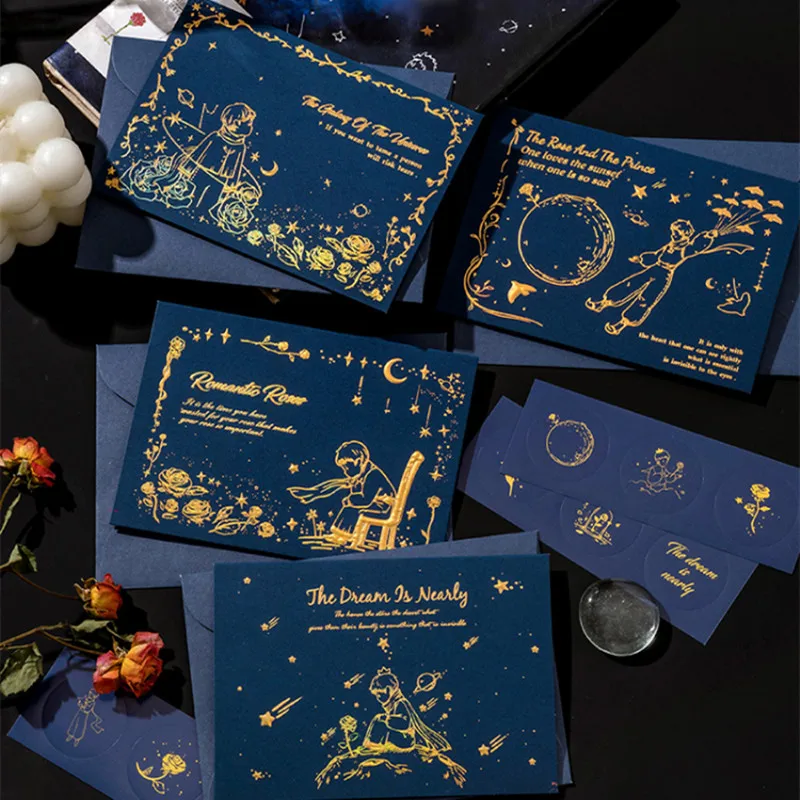 The Little Prince And Rose Embossed Greeting Card Envelope Set Aesthetic Romantic Birthday Blessing Greeting Card Stationery