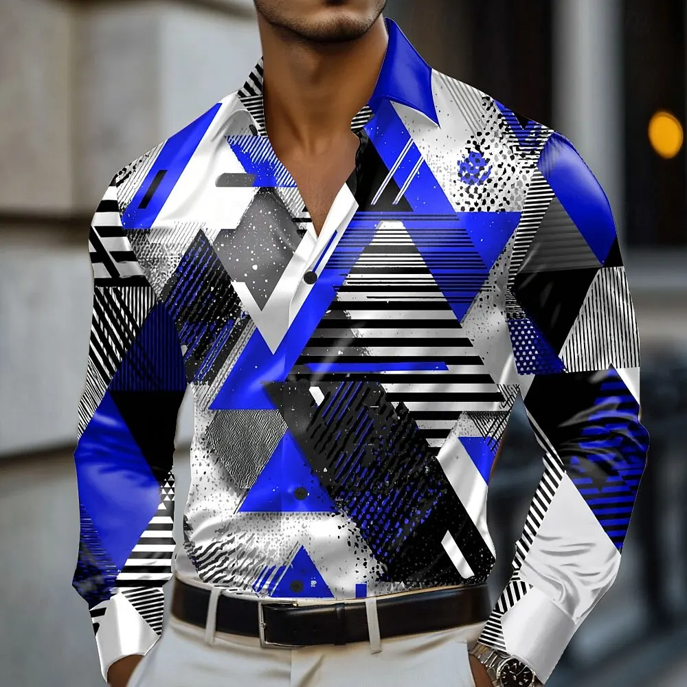 Men's Geometric Color Block Grid  Plaid Shirt Long Sleeve Fashion Casual Vacation Daily Wear Turndown 3D Print Button Up Shirts