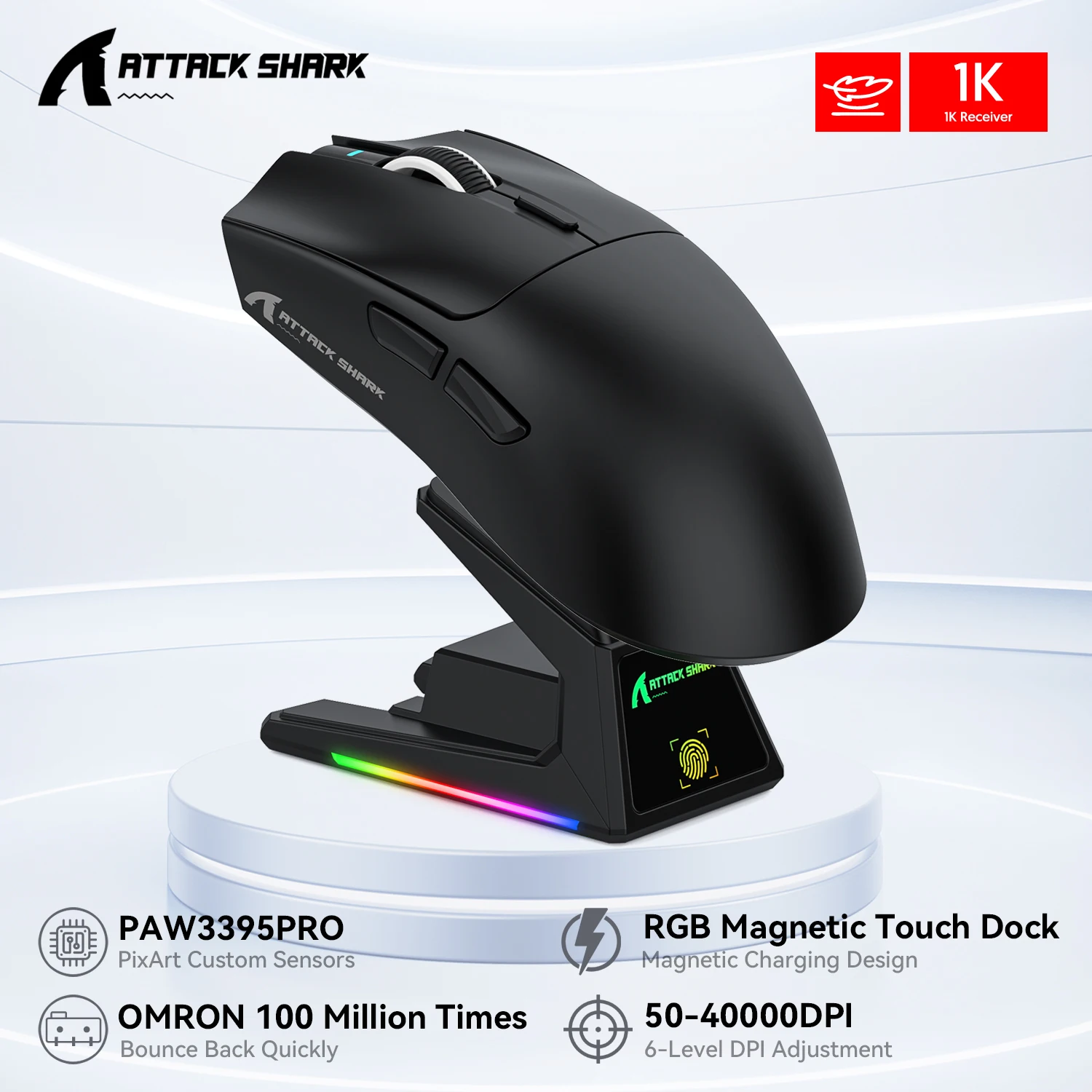 Souris Gaming ATTACK SHARK X1 Sans Fil Avec Dock De Charge Tactile RGB - Capteur PAW3395PRO 40000 DPI - 53g Ultra Légère