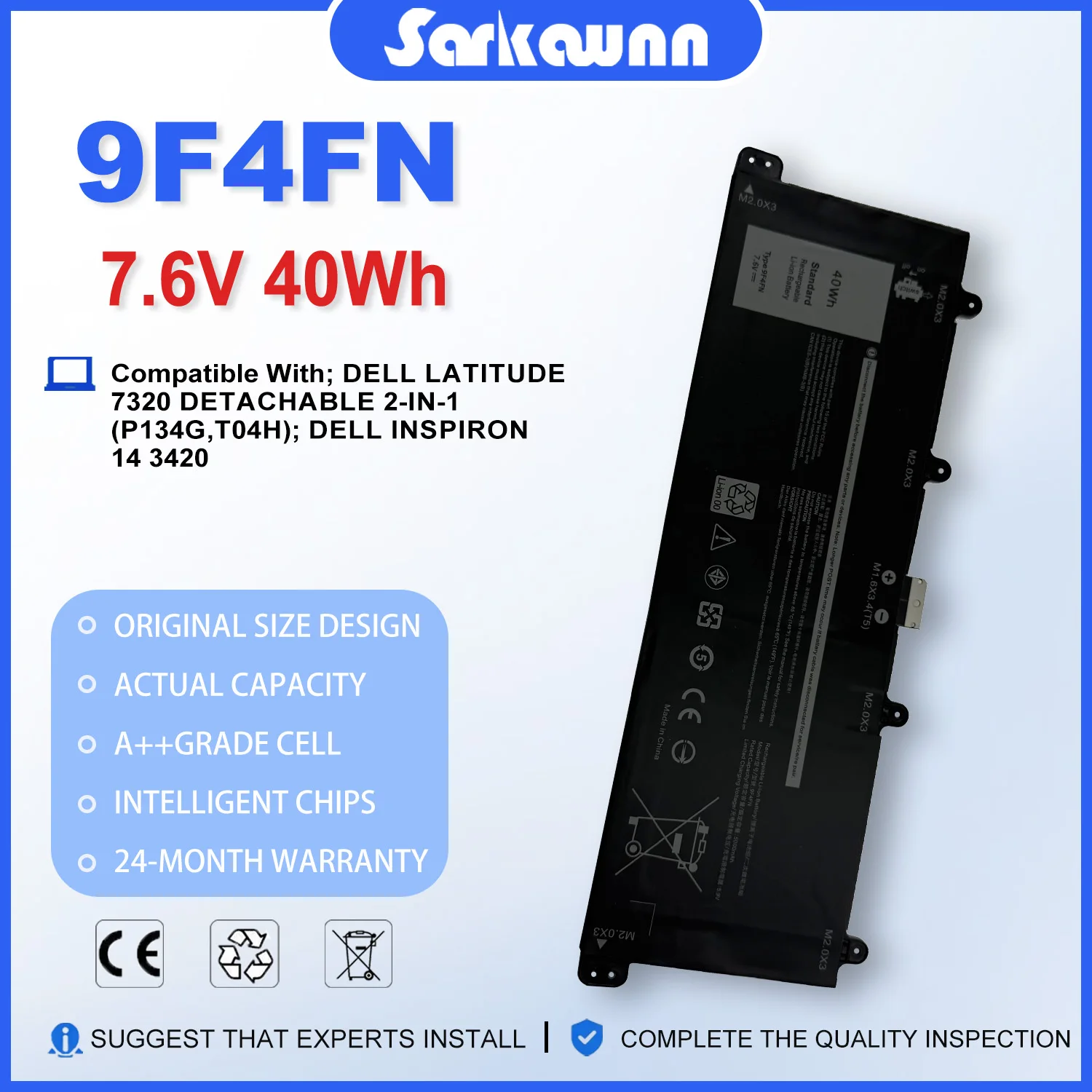 SARKAWNN 9F4FN 7.6V 40Wh battery code: 9F4FN 2VKW9  Brand New Battery For Dell Latitude 7320 2-in-1