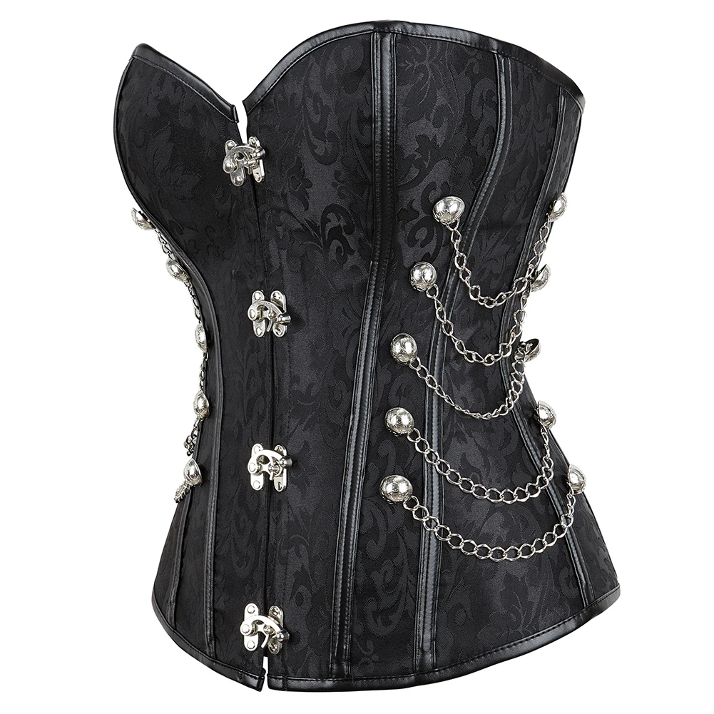 Steampunk Overbust Corset Waist Control Gothic Cincher with Chains Embroidery Bustier Top