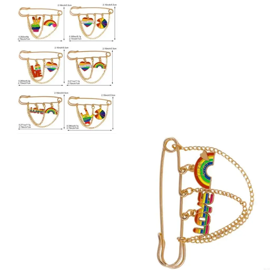 91AF Rainbow Colored Heart Pin With Detachable Chain Versatile Accessory For Outfits