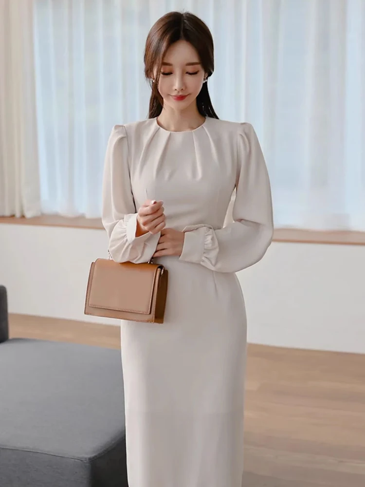 New Work Style Lady Simple Formal Pencil Dress Women Clothes Elegant Office Commute Vintage Puff Sleeve Slim Long Vestidos Robe