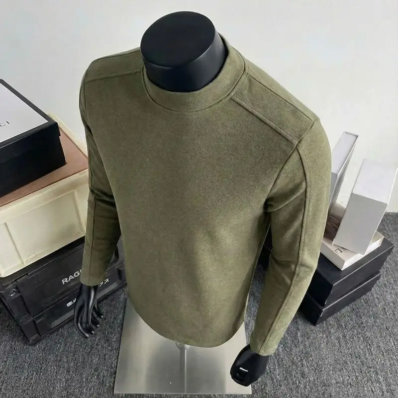 

Мужская оливково-зеленая вязаная футболка с воротником-стойкой, повседневная повседневная одежда, мягкий однотонный топ с длинными рукавами