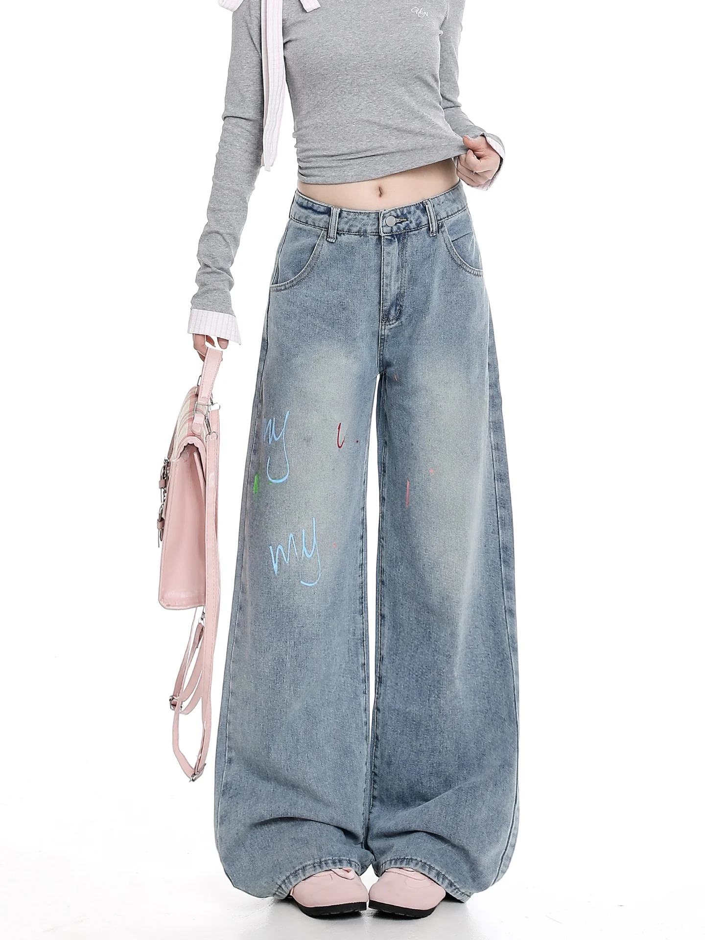 Retro American Graffiti Print Straight Leg Jeans Women's Loose Casual Wide Leg Pants High Waist Denim Fabric Fall Season