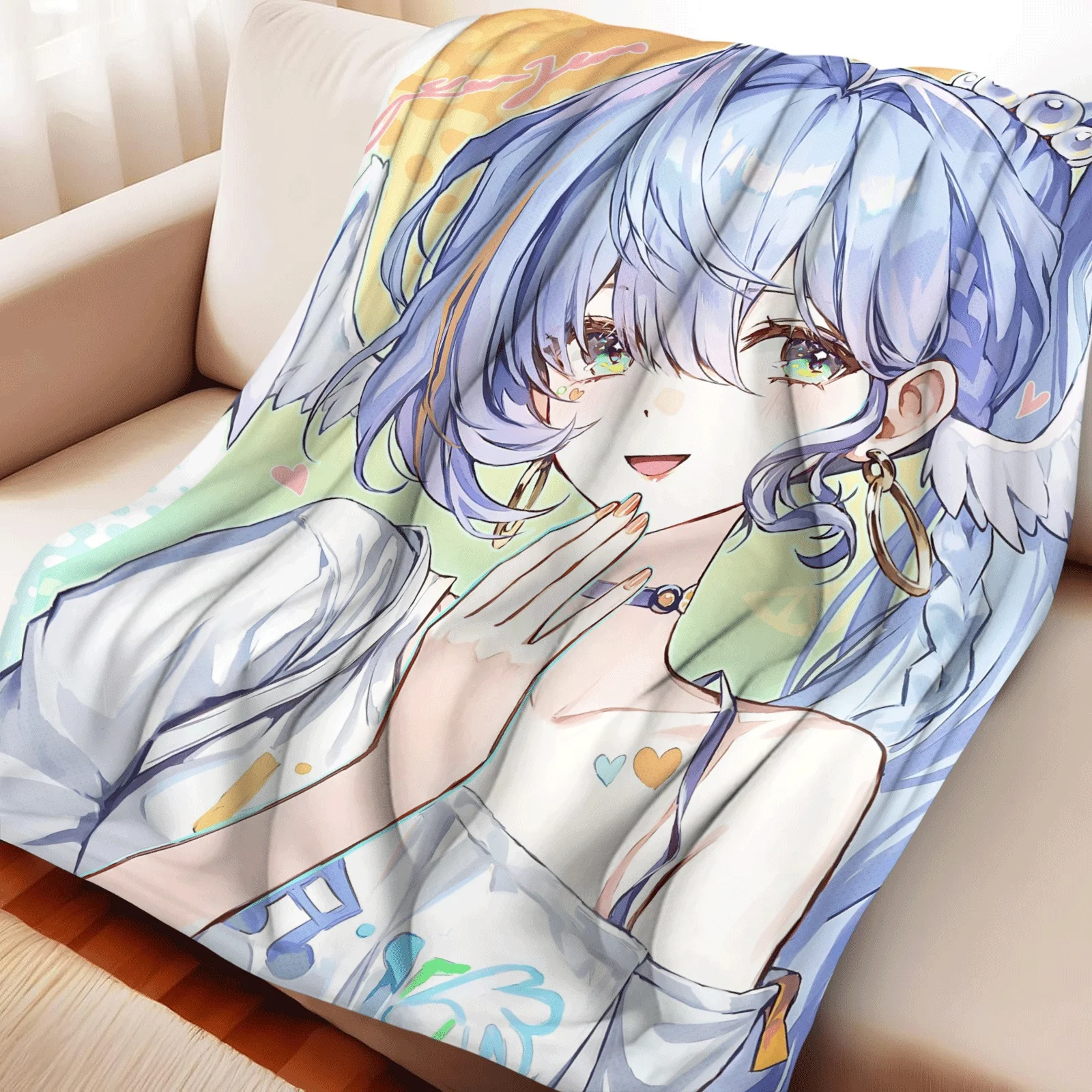 Anime Flannel Throw Blanket Robin Print Light Blue Hair Girl Angel Wings Warm Sofa Bed Blanket Fan Gift