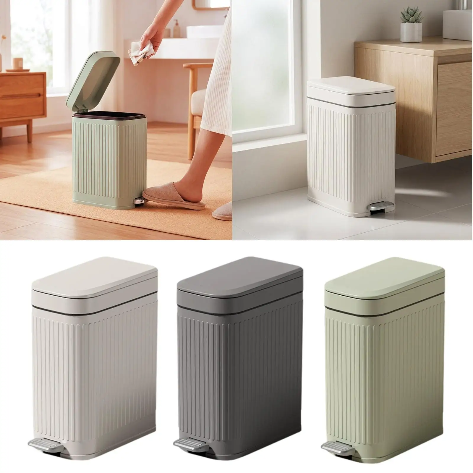 Small Pedal Trash Can with Lid Rectangle Garbage Bin Plastic Wastebasket 8.5L for Home Bedroom Study Kitchen