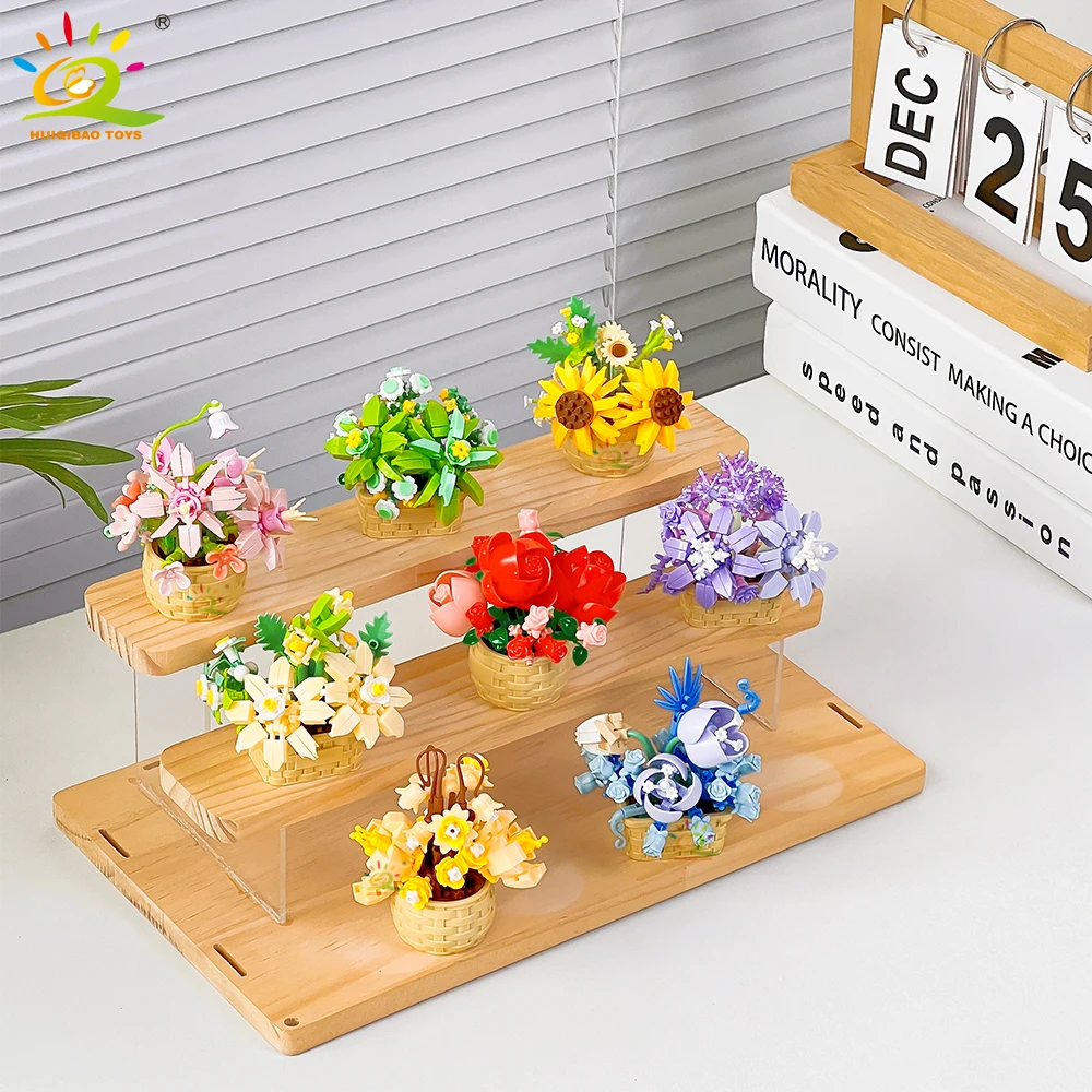 HUIQIBAO MOC Bouquet Potted Plant Micro Building Blocks Eternal Flower Model DIY Home Desk Decoration Brick Toy For Children