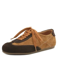 NEW 2025 Trend Natural Suede Splicing Women Flats Spring Autumn Lace Up Flat Shoes Ladies Brown Coffee LEISURE Round Toe Shoe