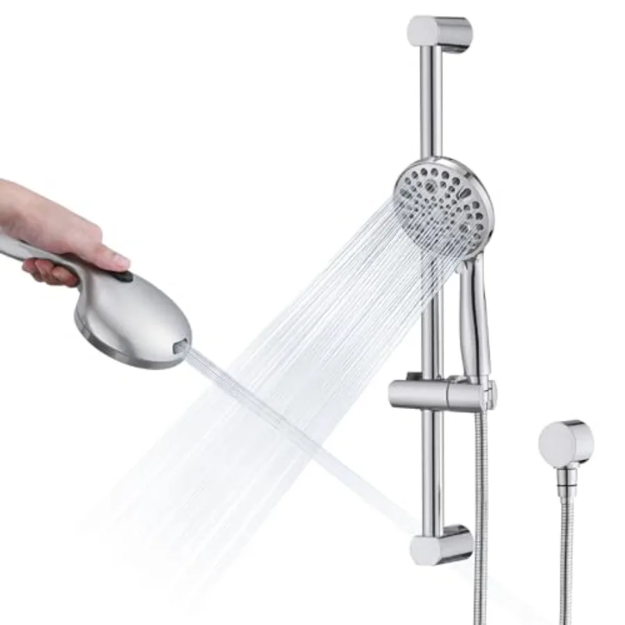

Hand Shower with Slide Bar High Pressure 10 Setting Handheld Shower Head Adjustable Height 24" Slide Bar Wall Supply Elbow and