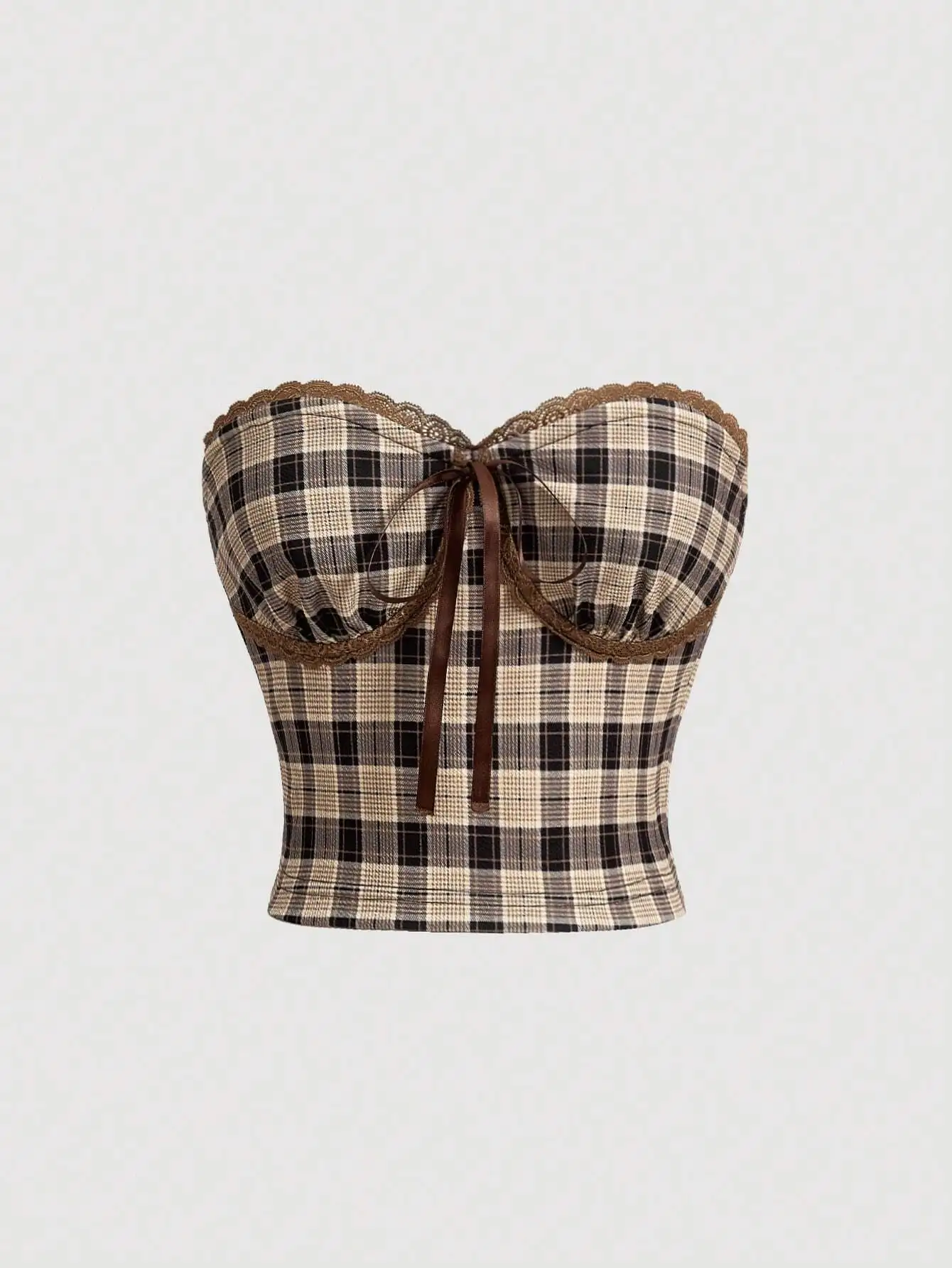 

Корсетный топ в клетку с кружевной отделкой и бантом для женщин, бюстье в стиле бохо
