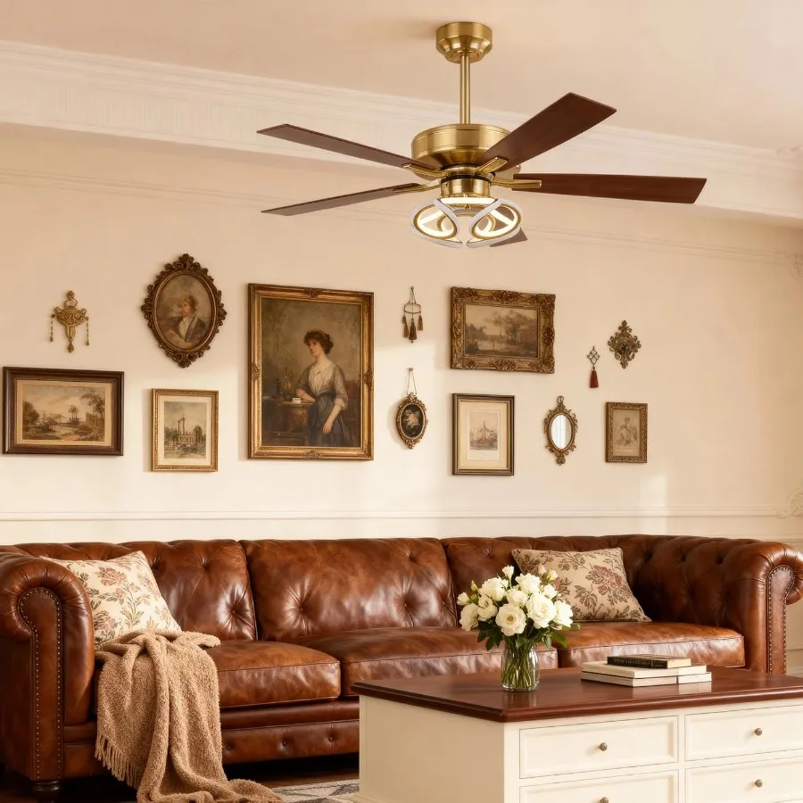 52 Inch Gold Ceiling Fans with Integrated Lights and Remote/APP Controlled RGB Color Changing LED Lighting 6-Speed Reversible D