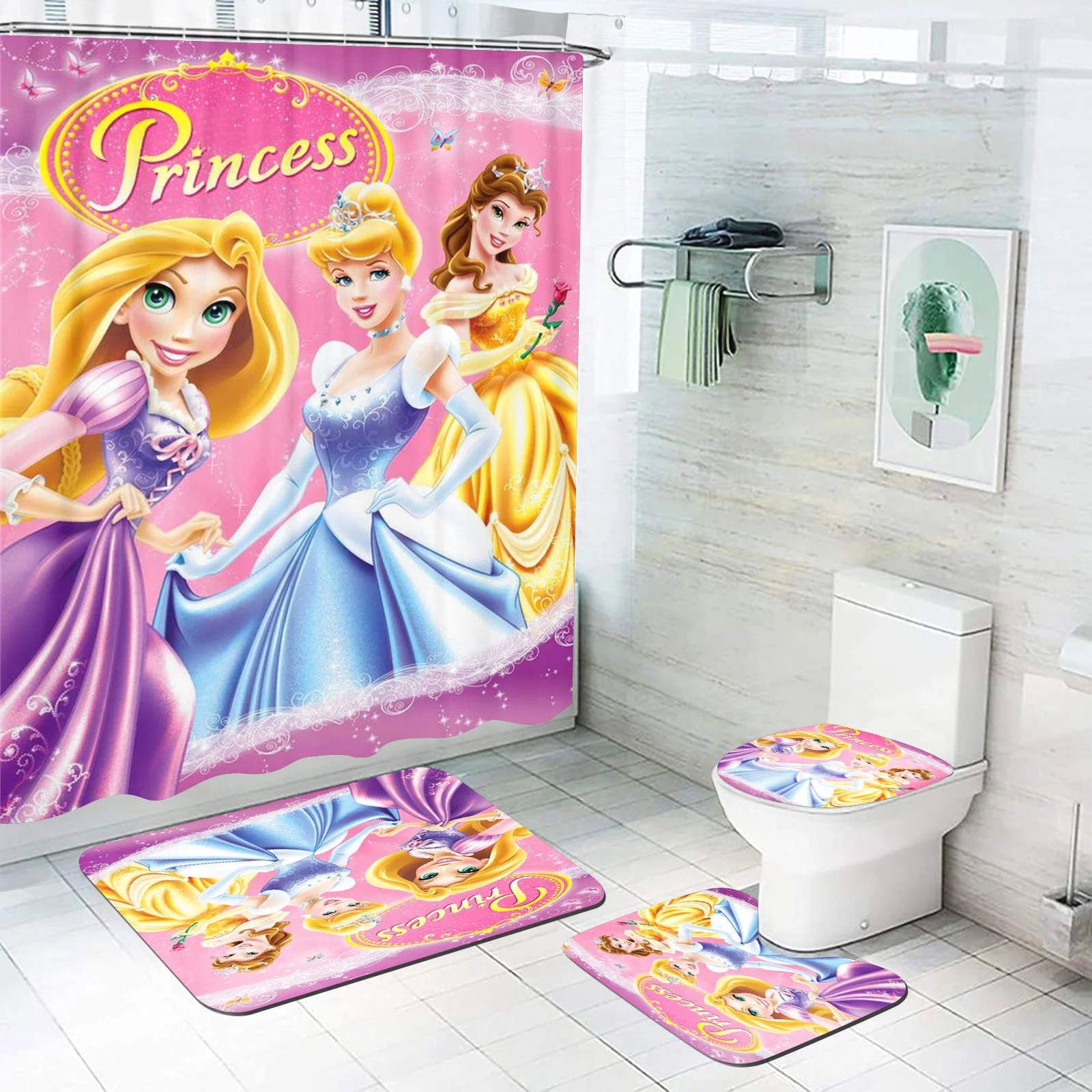 Disney Princess Fairytale Shower Curtain, Bath Mats, Kawaii Bathroom Cartoon, Great Gift for Kids, 100% Polyester, 4 Piece Set