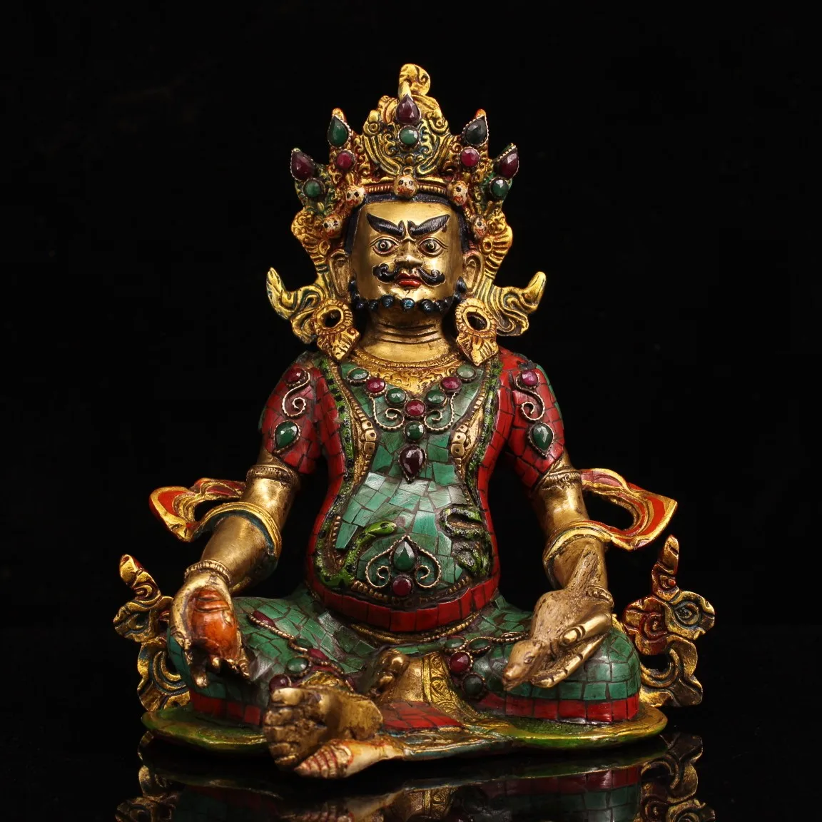 

10"Tibetan Temple Collection Old Bronze Outline in gold Mosaic Gem Turquoise Yellow Jambhala Yellow God of Wealth Worship Hall