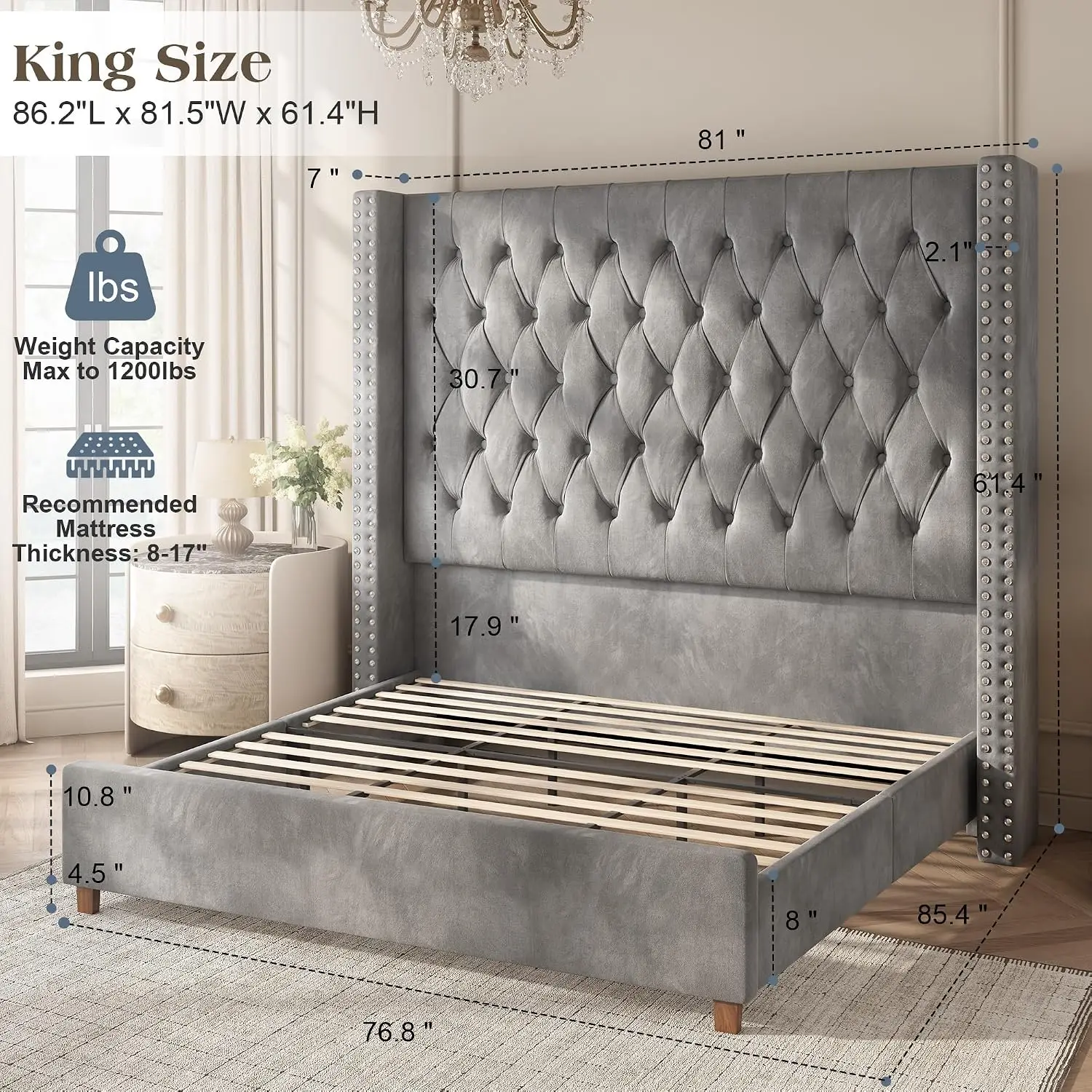 Upholstered Wingback King Bed Frame 61.4