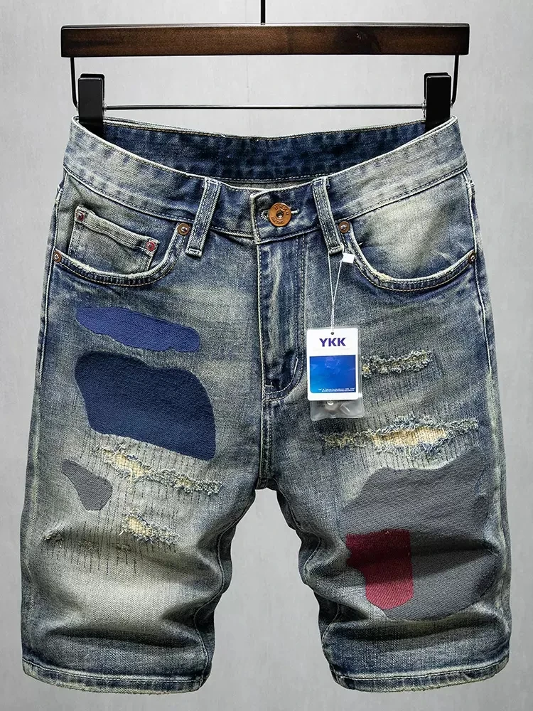 Newly Summer Designer Fashion Men Jeans Retro Blue Elastic Stretch Patched Vintage Ripped Short Jeans Hip Hop Denim Shorts Men