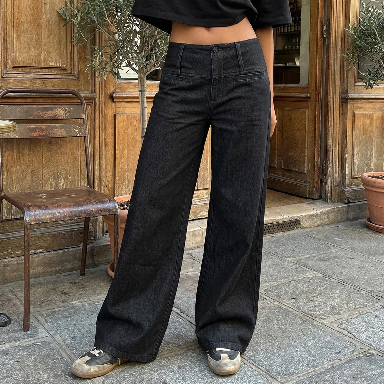 Basic Women's Black Wide Leg Trousers Solid Color Mid Rise Fit Casual Suit Pants for All Seasons Pantalones De Mujer