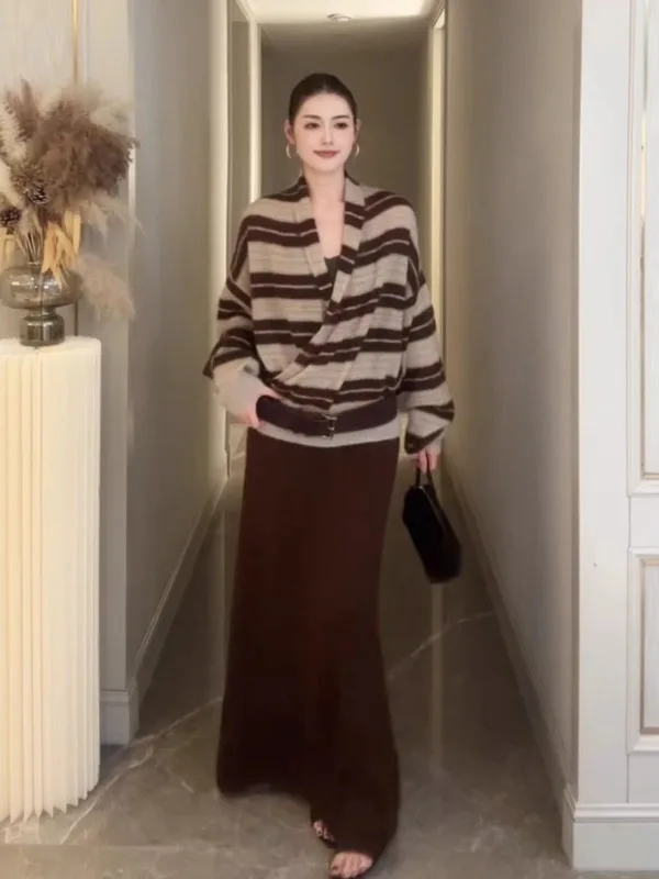 

plus Size Women's Loose Fit V-Ne Long Sve Striped Sweater Comfortable Early Autumn Casual Sle Korean Version Top