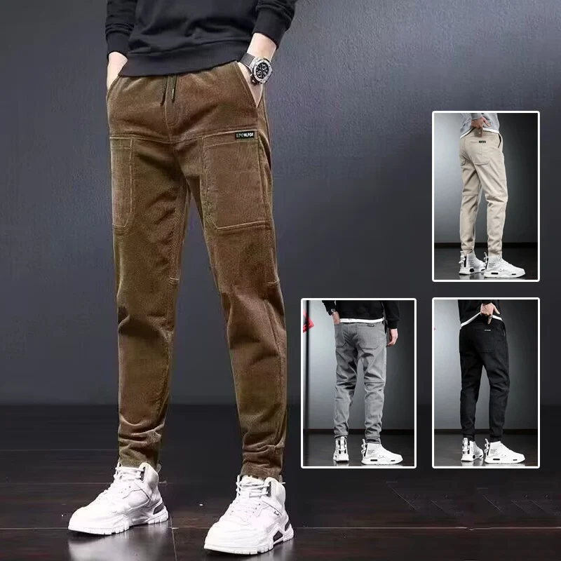 

Men Multi Pockets Corduroy Narrow Leg Pants Male Fashion Designer 2024 Autumn Pants Youth Popular Elastic Waist Casual Trousers