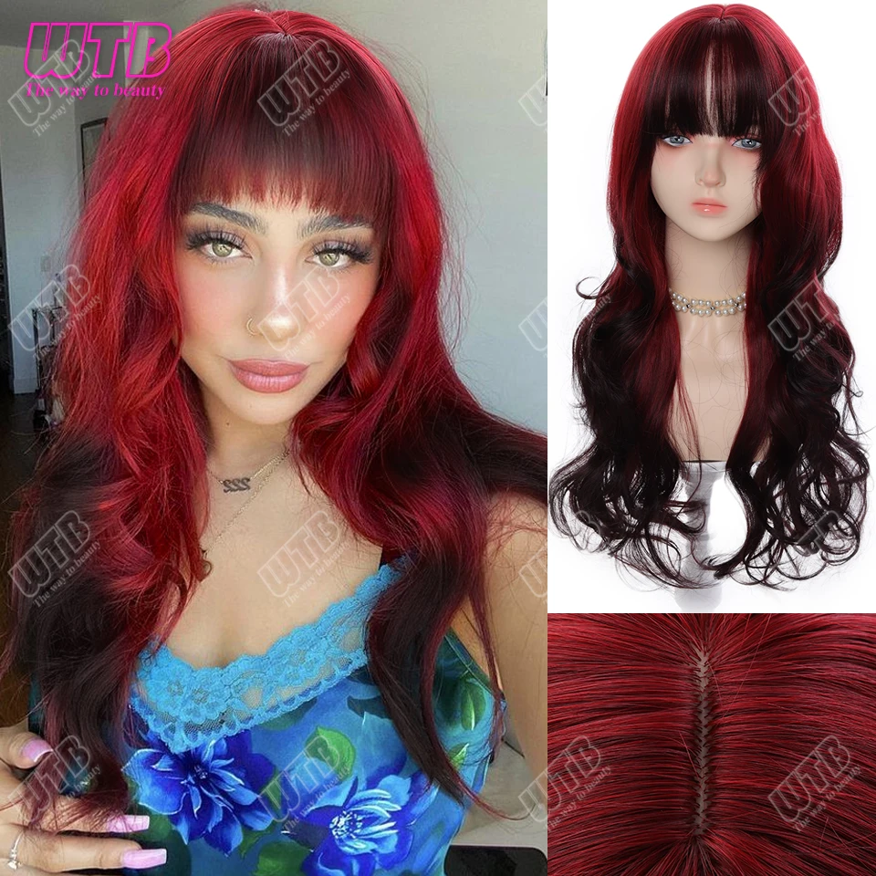 

Black with Red Highlight Synthetic Hair Wigs Long Wavy Natural Hair Wigs with Bangs for Women Cosplay Lolita Wig Heat Resistant