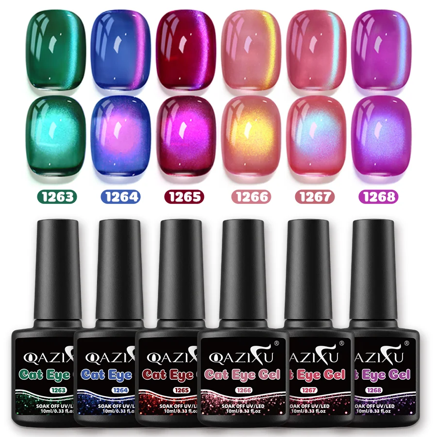 QAZIXU 1/6 Stück Katzenauge Gel-Nagellack Zweifarbiger Magnetischer Schimmereffekt Abziehbarer UV-LED Semi-Permanenter Nagellack Beliebte Farbe