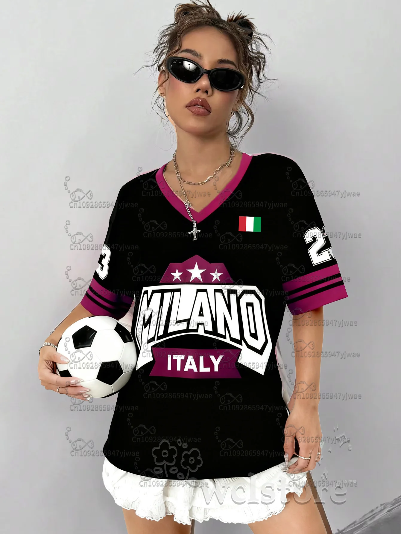 Camiseta de fútbol con estampado de bandera de Italia Milano, ropa de calle de moda de verano para mujer, camiseta de manga corta con cuello en V para chica picante