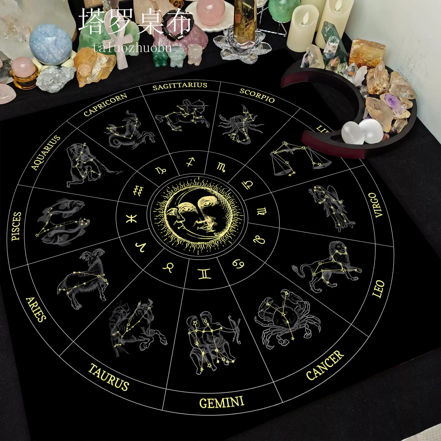 VIKAMA Occult Symbols & Skull Eye Tarot Tablecloth, 6 Designs, Square Velvet Altar Cloth for Divination