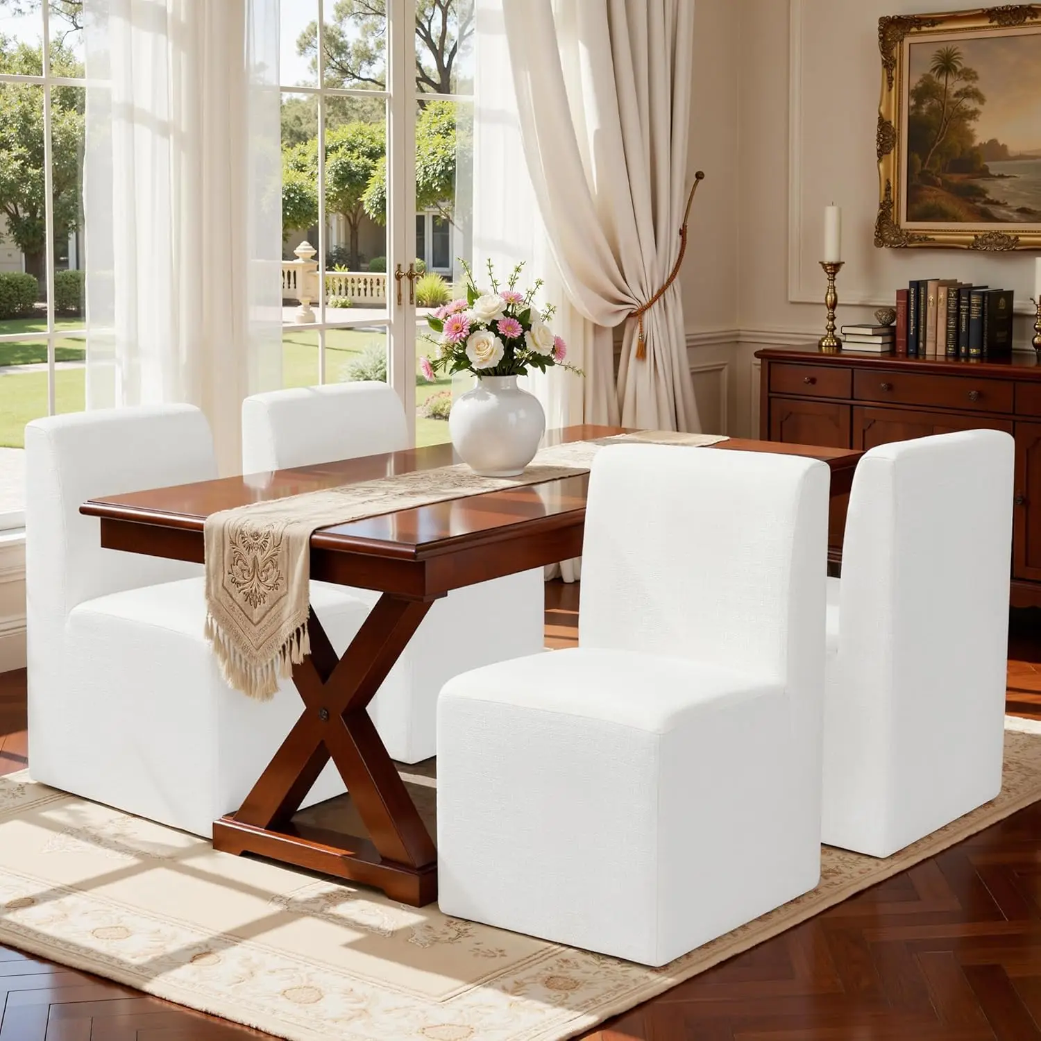 

Dining Chair with Casters Set of 4, Upholstered Rolling Linen Chair for Home Desk, Lounge or Living Room, Silent Wheel, No-Assem