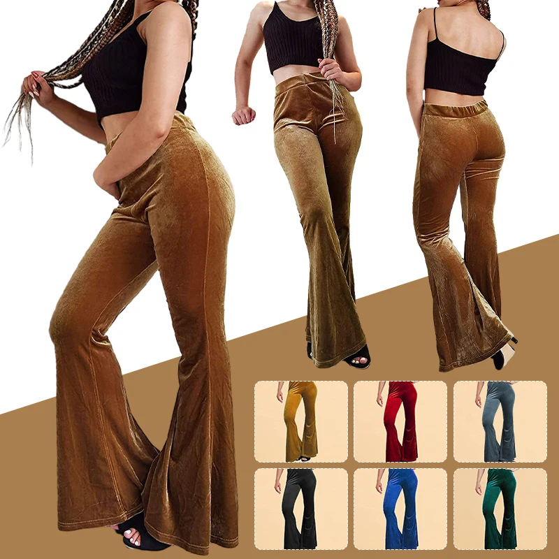 Pantalon évasé en velours pour femme, élastique, taille haute, Sexy, Slim, Long, décontracté, bas à cloche, automne hiver, nouveau pantalon chaud pour femme