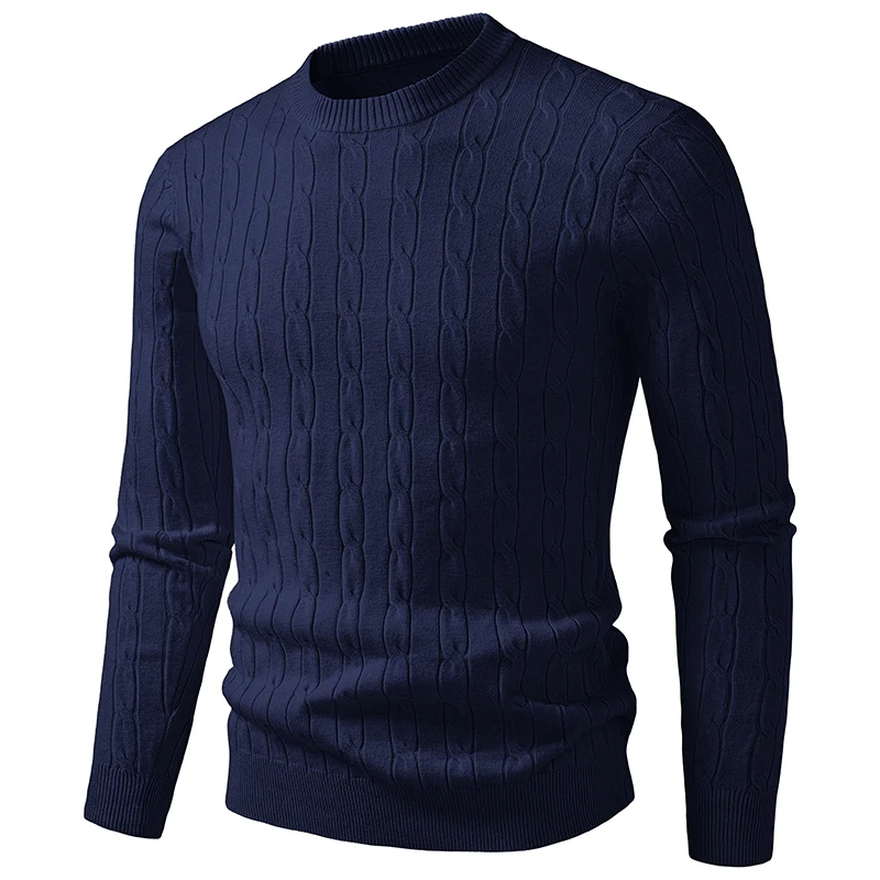 Men's Autumn Solid Color round Neck Knitted Sweater Warm Casual Pullover Fried Dough Twist Design Comfortable Knitwear