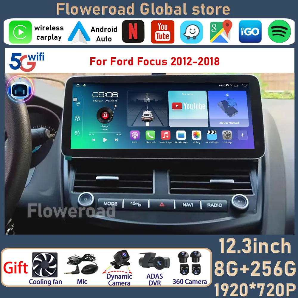 

12.3 inch Android For Ford Focus 2012 - 2017 Android auto Car DVD Player Radio Wireless Carplay GPS Multimedia Navigation BT5.0