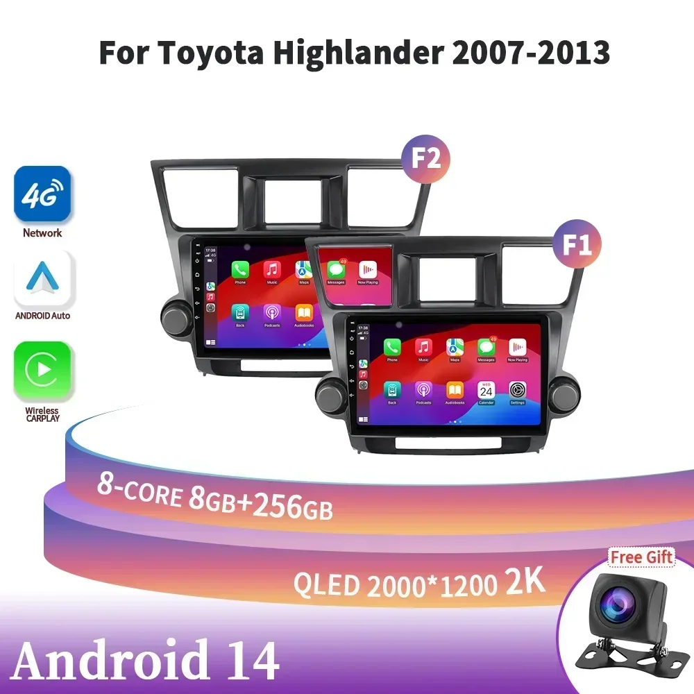 Auto Radio Multimedia Navigation 4G GPS Android 14 Auto Car Screen Wireless Carplay Stereo For Toyota Highlander 2007-2013 2 Din