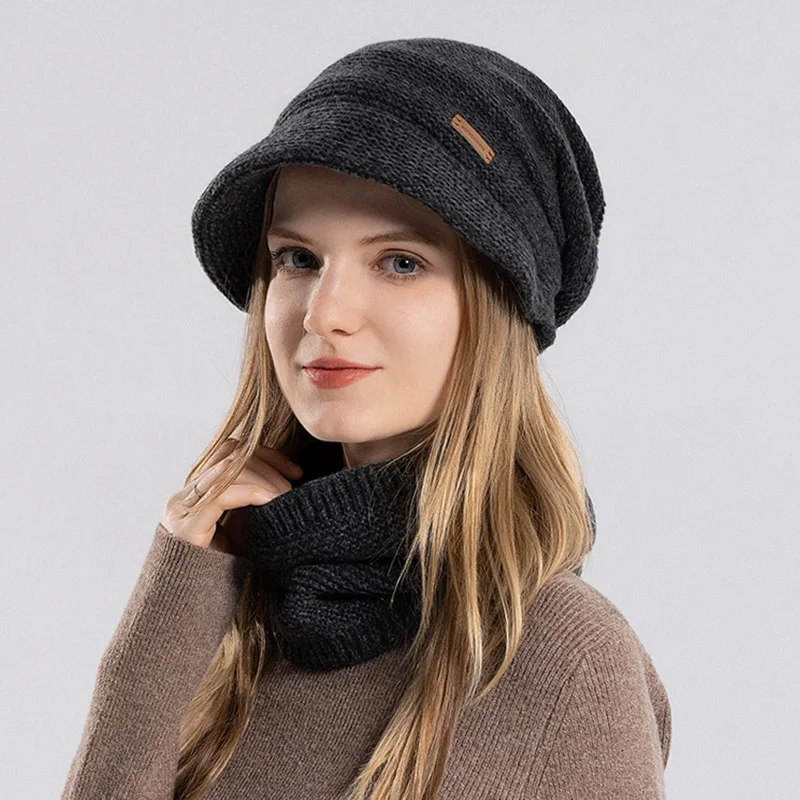 Winter Hat Scarf Set for Women Men Plus Velvet Thickened Warm Knitted Ski Hat Plush Lining Ear Protection Woolen Cap Neckerchief