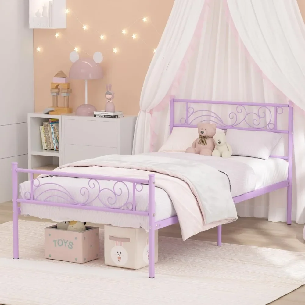 Double Bed Frame, No Box Spring Required, with Headboard, Princess Bed Metal Platform, Children's and Girls' Princess Bed