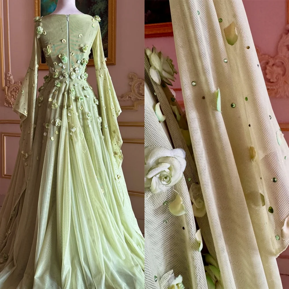 Robe de soirée en mousseline de soie verte, personnalisée, manches longues, exquise, Scoop, robe de soirée, pour occasions spéciales