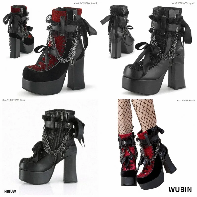 

Women Gothic Punk Retro Chain Lace Up Bow Round Toe Square Heel Chunky Platform Ankle Short Boots Party Cosplay Fashion Footwear