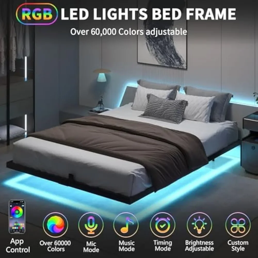 إطار سرير عائم بحجم كوين، سرير بمنصة معدنية حديثة مع أضواء LED، لا حاجة إلى صندوق زنبركي، سهل التجميع