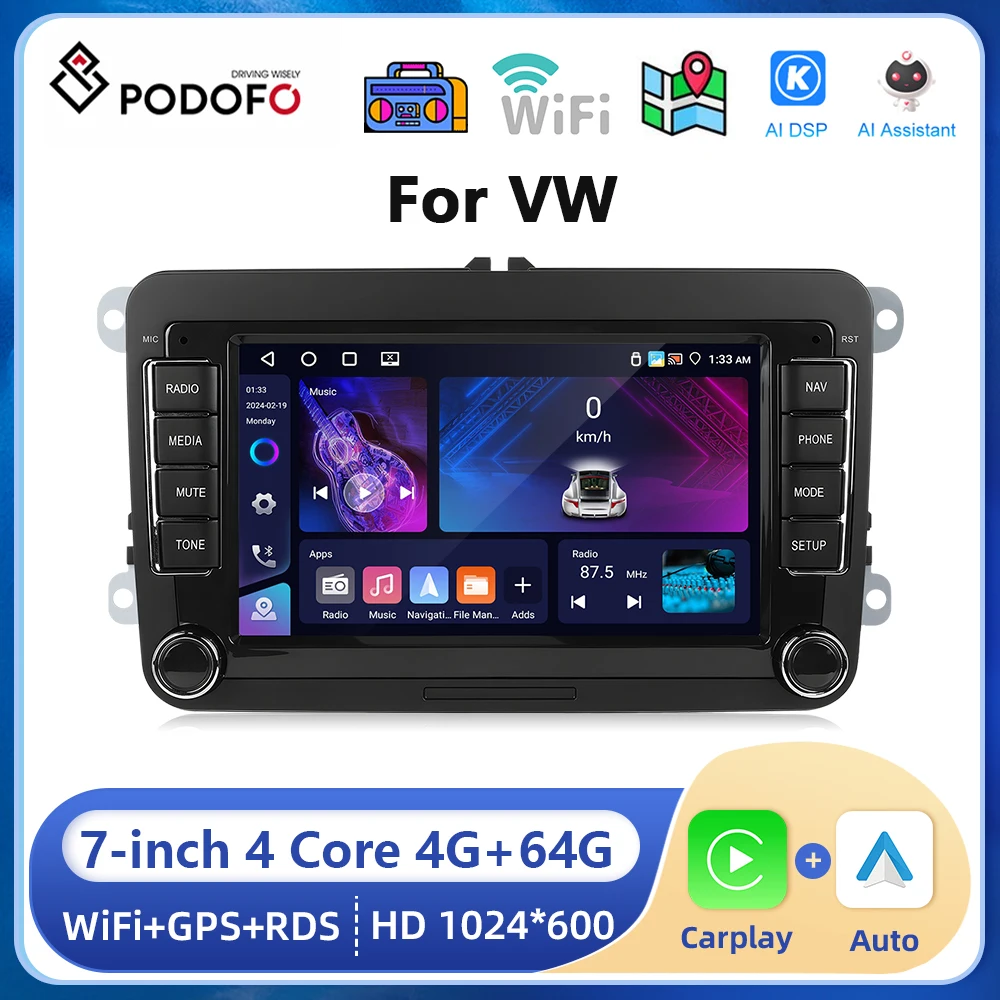 

Podofo 7inch Android 4+64G Car Stereo Radio ForVW GOLF PASSAT Seat Car Multimedia Player WIFI Navigation Bluetooth Carplay Radio