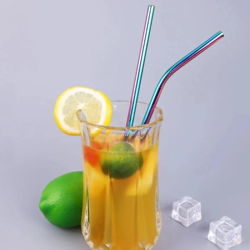 Rainbow Color Reusable Metal Straws Set with Cleaner Brush 304 Stainless Steel Drinking Straw Milk Drinkware Bar Party Accessory