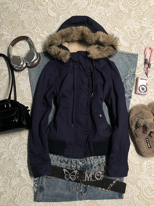 Jaet con capucha de piel de cordero azul Original para mujer, abrigo Retro Sle de invierno, Top cálido de mezcla de algodón, corte recto, cremallera larga