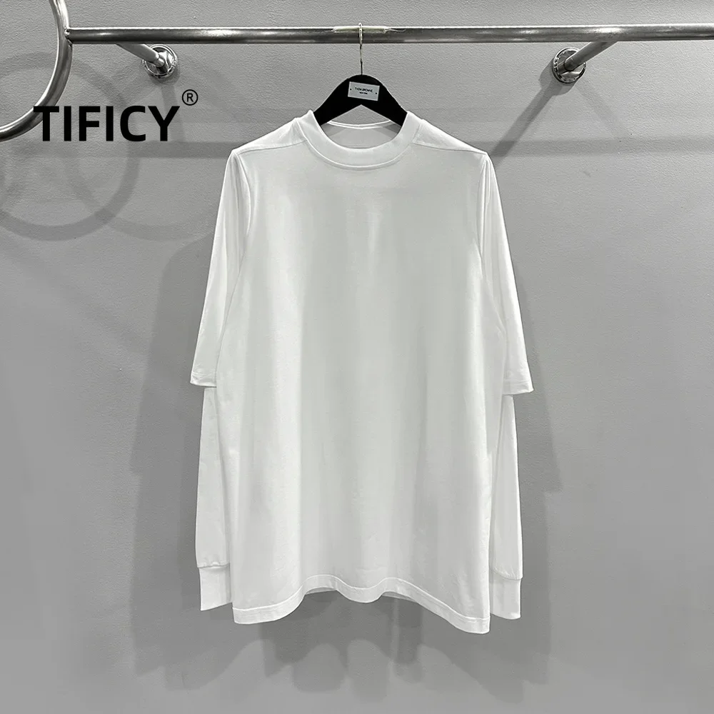 TIFICY High Street Men's Spring Knitted Two-piece Design Double-layer Solid Color Splicing, Loose Long Sleeved T-shirt Tops