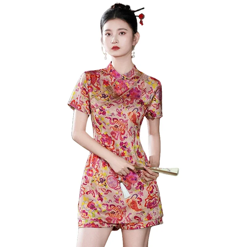 Modernes orientalisches Jacquard-Co-ord-Cheongsam-Set im luxuriösen chinesischen Stil, inspiriertes 2-teiliges Sommer-Set
