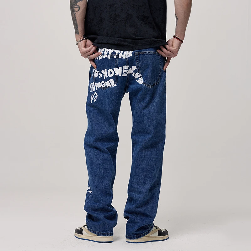 Men's Loose Letters Print Denim Jeans Casual Blue Pants Relaxed Straight Trousers