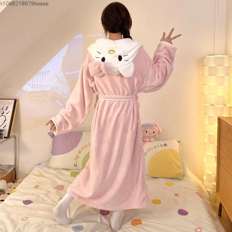 Sanrio Hello Kitty Women Winter Flannel Nightgown New Cute Cartoon Thick Hooded Warm Home Suit Set Korean Style Sweet Night-robe