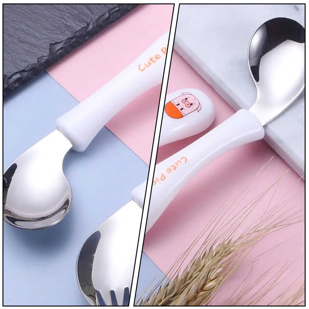 

1Set Pig Cartoon Children Tableware Fork Spoon Stainless Steel ABS Safe Practicing Feeding Cutlery Box Set Durable